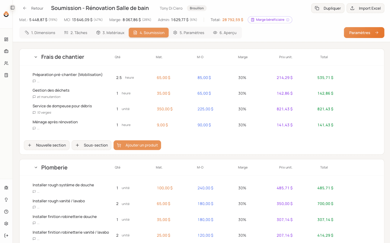 Le builder de soumissions du logiciel Apotec avec sections hiérarchiques et totaux calculés